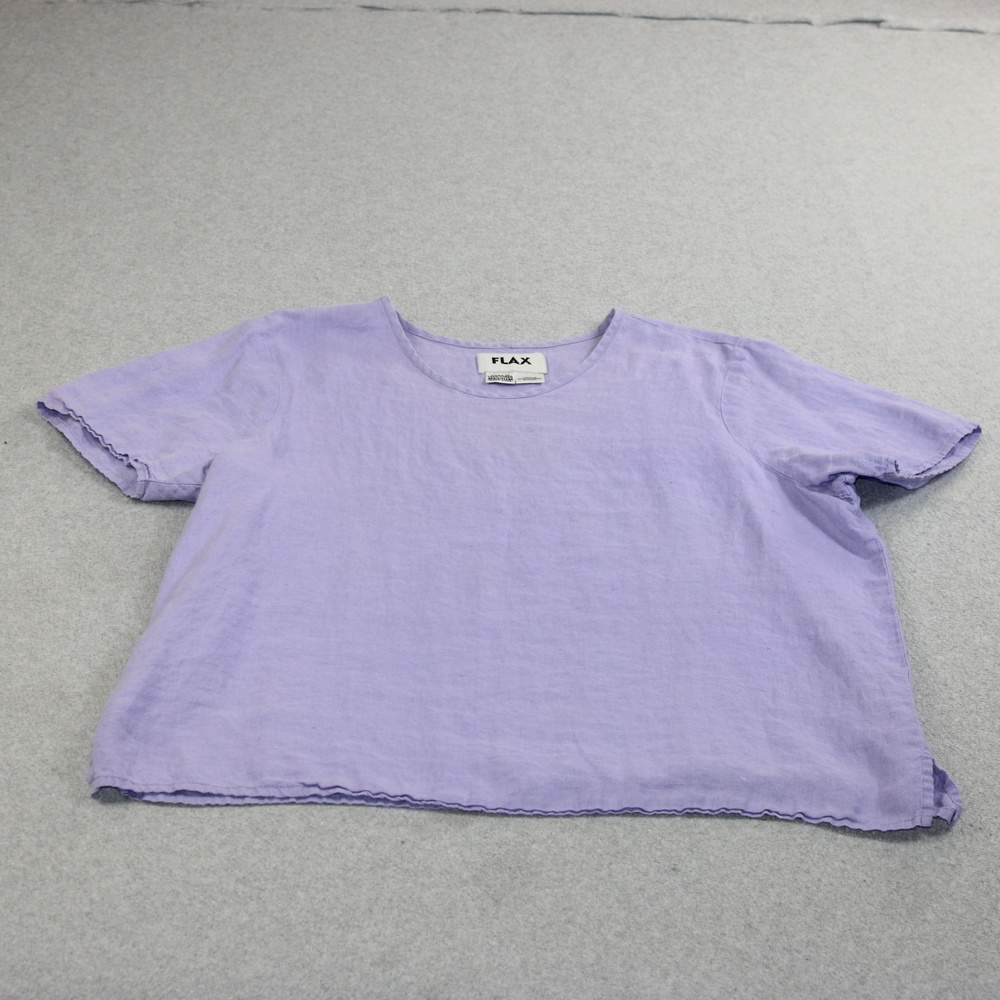 FLAX Linen Shirt Women M Purple Scoop Neck Short Sleeve Boxy Basi Lagenlook Boho